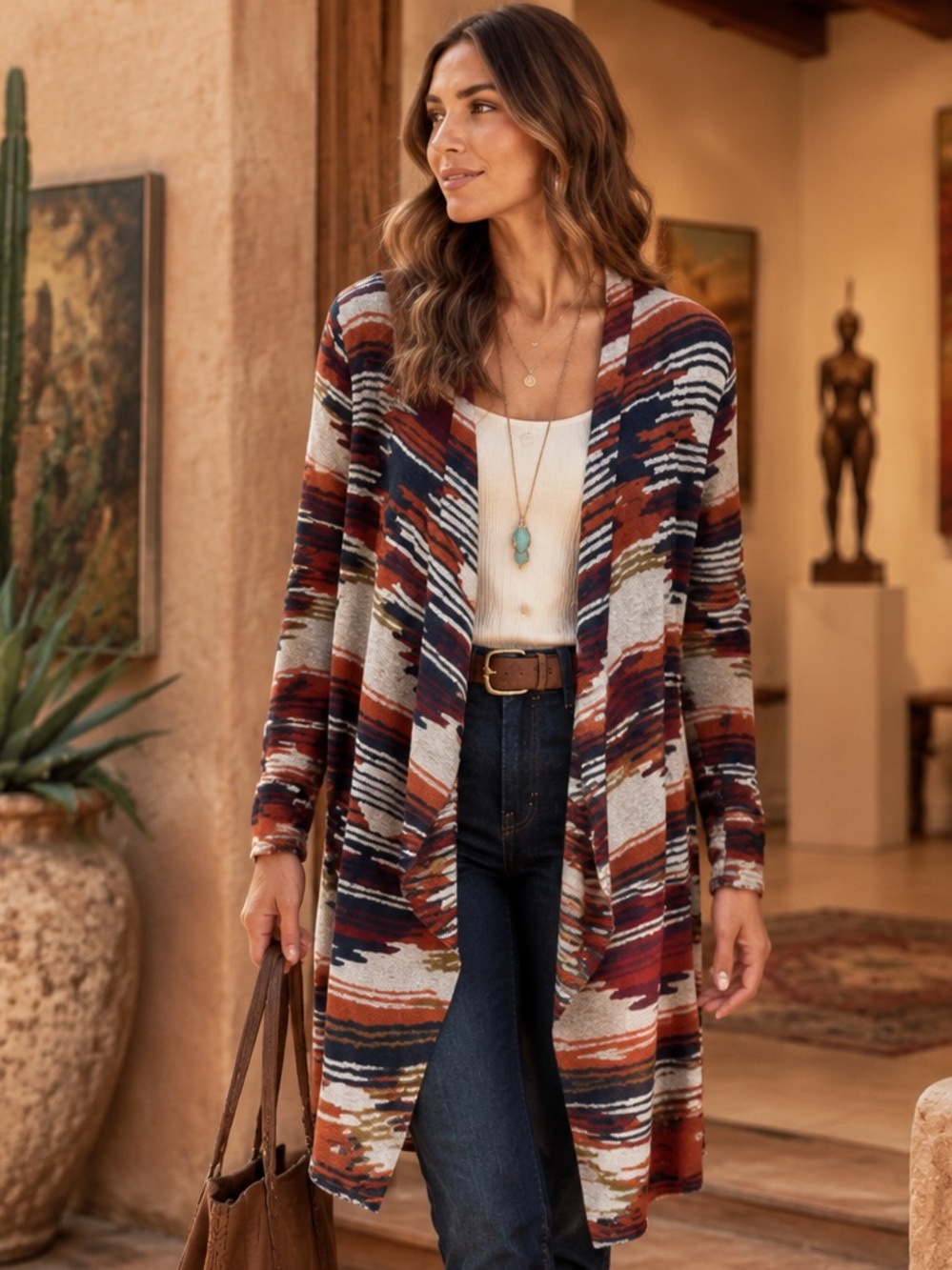 LUCKY BRAND Aztec Print Southwestern Style Waterfall Open Cardigan, S